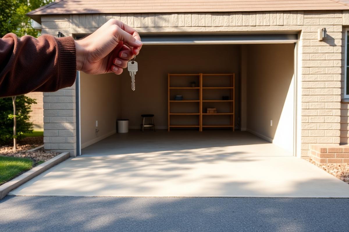 Leere Garageneinfahrt mit Regal – Nachbar übergibt den Schlüssel